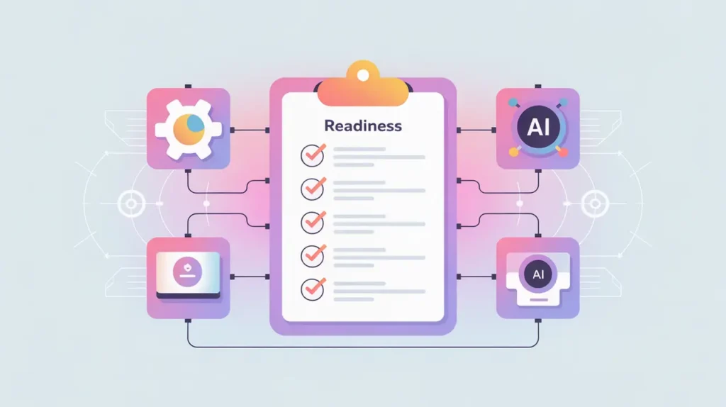 Readiness checklist dashboard connected to AI system icons