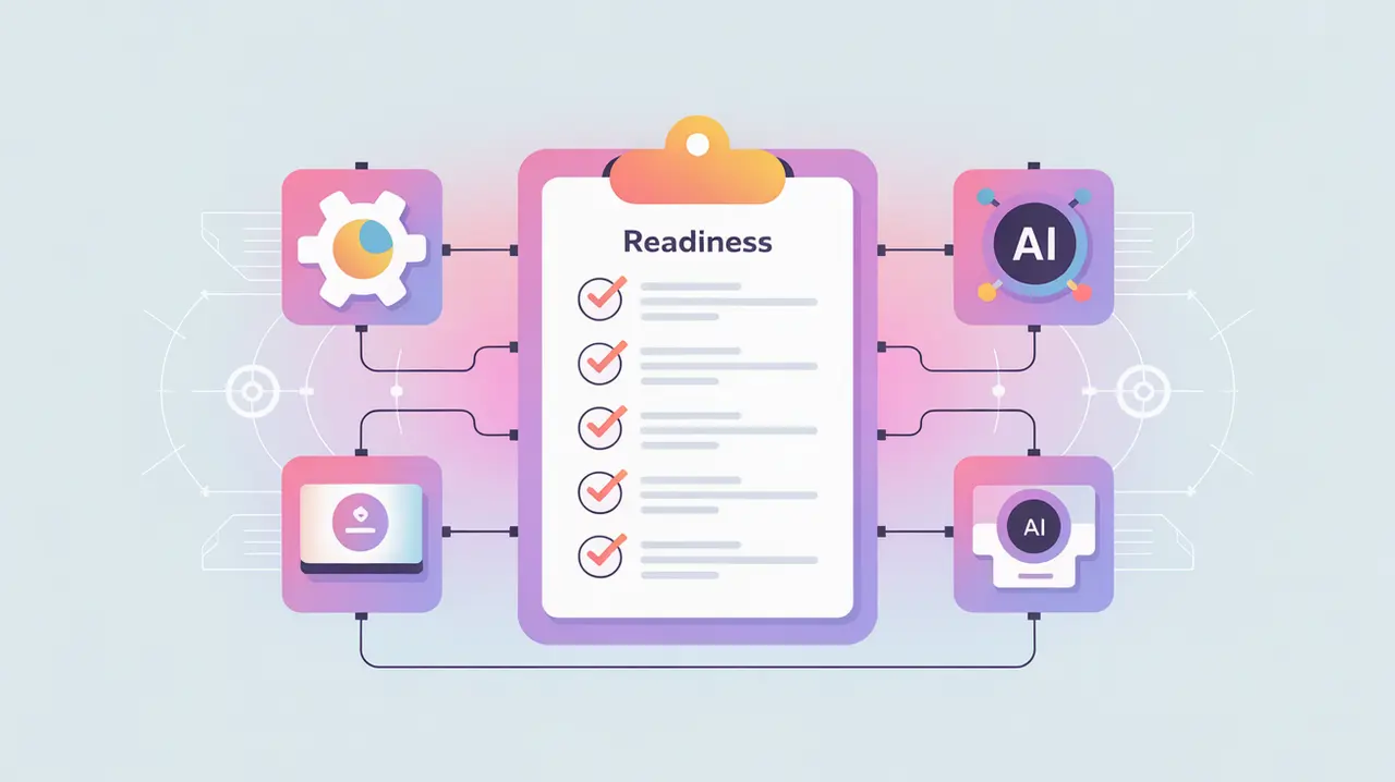 Readiness checklist dashboard connected to AI system icons