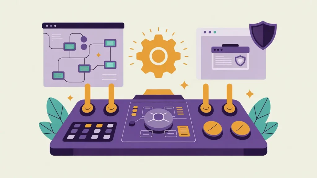 Control panel with glowing levers and flowchart representing AI readiness and optimization