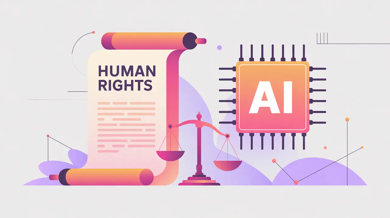 Human rights scroll and scales of justice beside AI chip