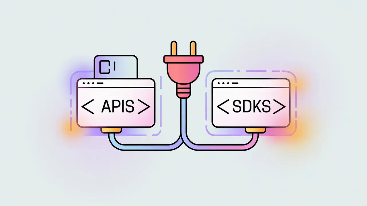 Plug icon connecting two software blocks with code brackets