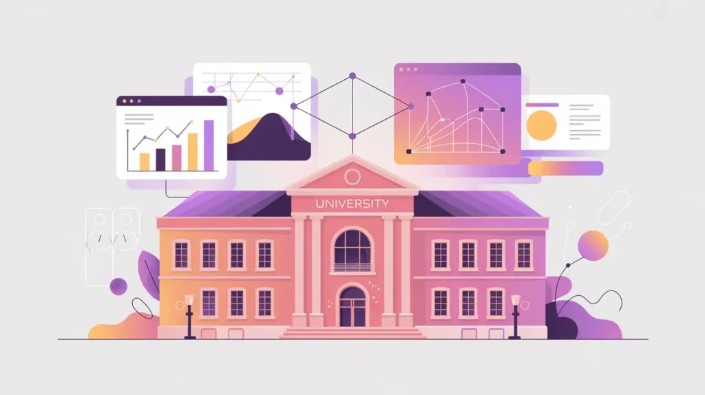 University building with AI research charts and models in flat vector style