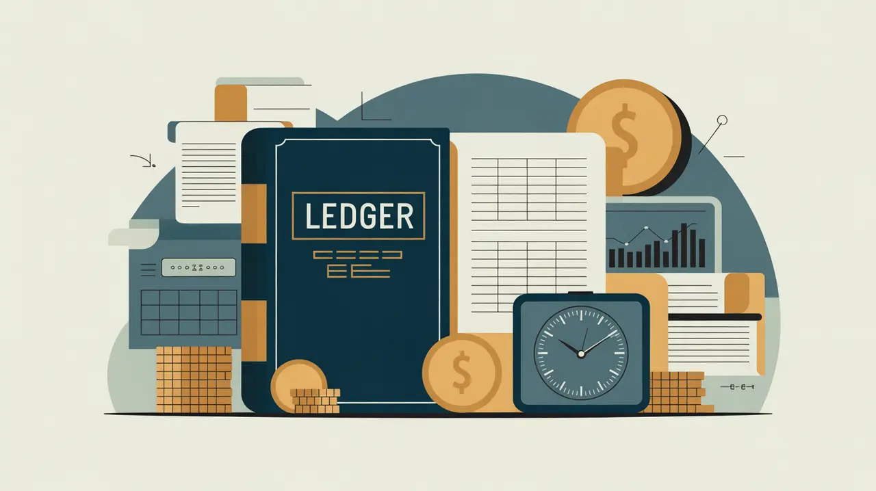 ledger book calculator digital financial graph coins documents
