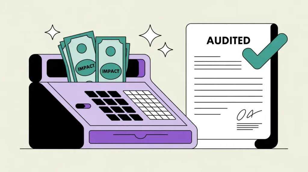 Illustration of cash register with Impact bills and audited document with green checkmark