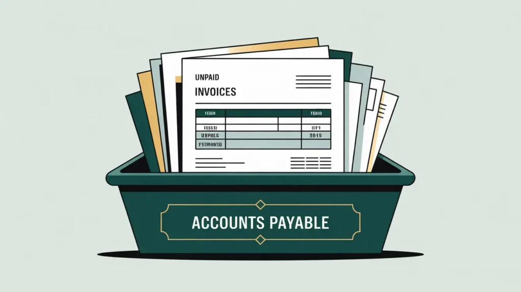 Illustration of overflowing inbox tray labeled accounts payable with unpaid invoices