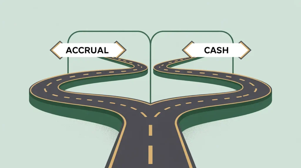 Illustration of a road splitting into accrual and cash accounting paths