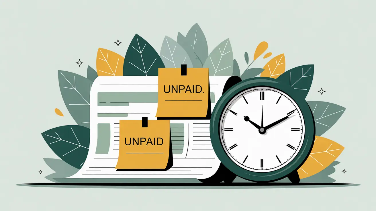 Desk clock beside unpaid bills with sticky notes