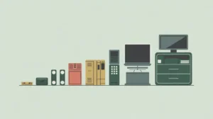 Illustration of office equipment fading from new to worn representing depreciation