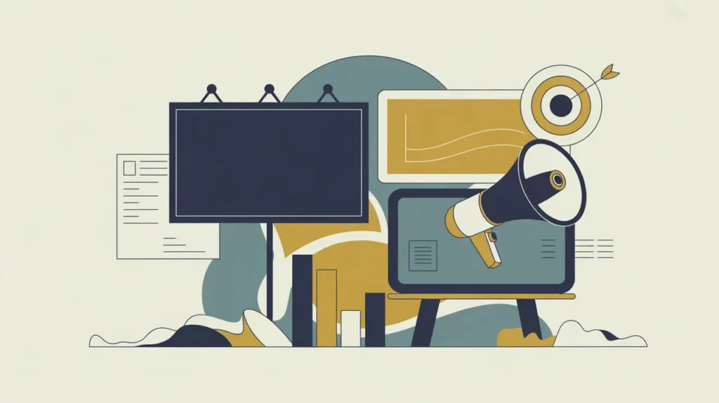 Illustration of billboard digital ad screen megaphone charts and target icons