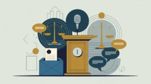 Illustration of podium, megaphone, and raised banner with civic symbols