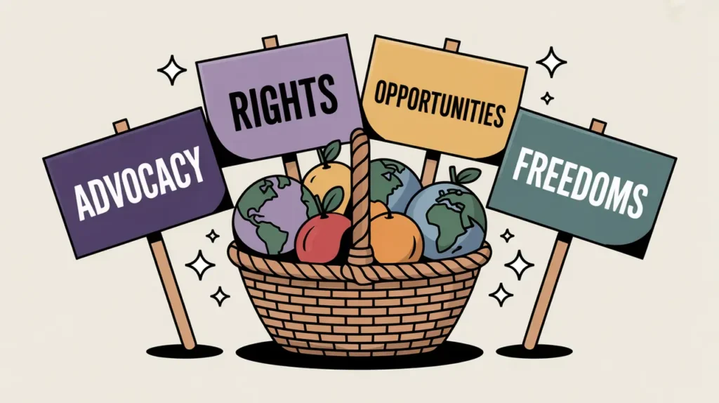 Placards with advocacy words and colorful globe-shaped fruit basket