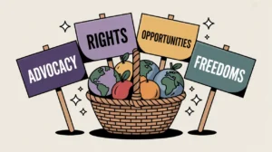 Placards with advocacy words and colorful globe-shaped fruit basket