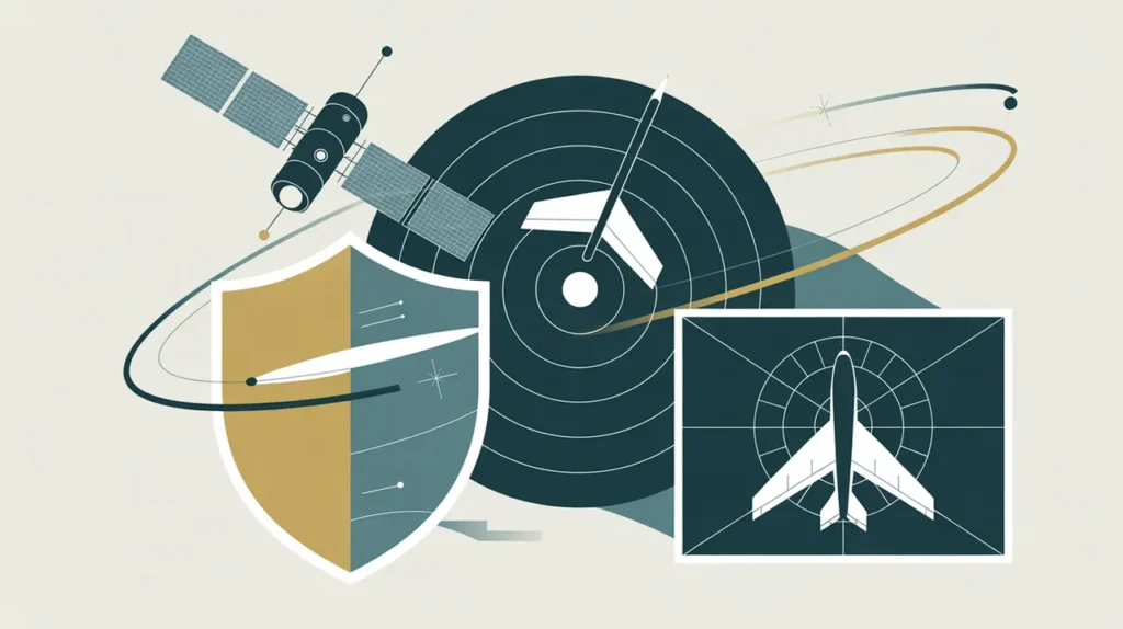 Illustration of satellite, jet aircraft, radar screen with shield and orbit lines