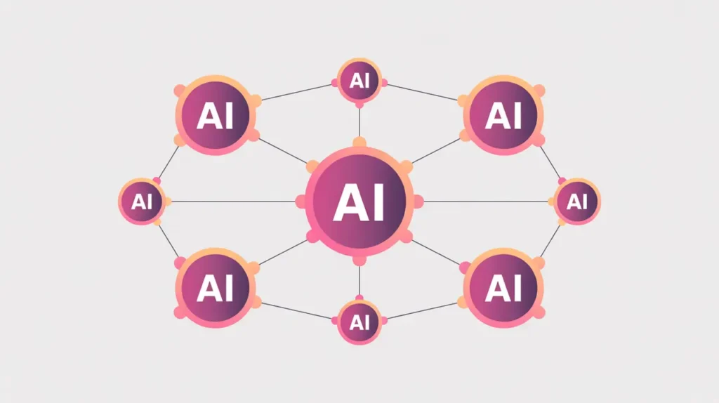 network of AI agent nodes connected performing tasks