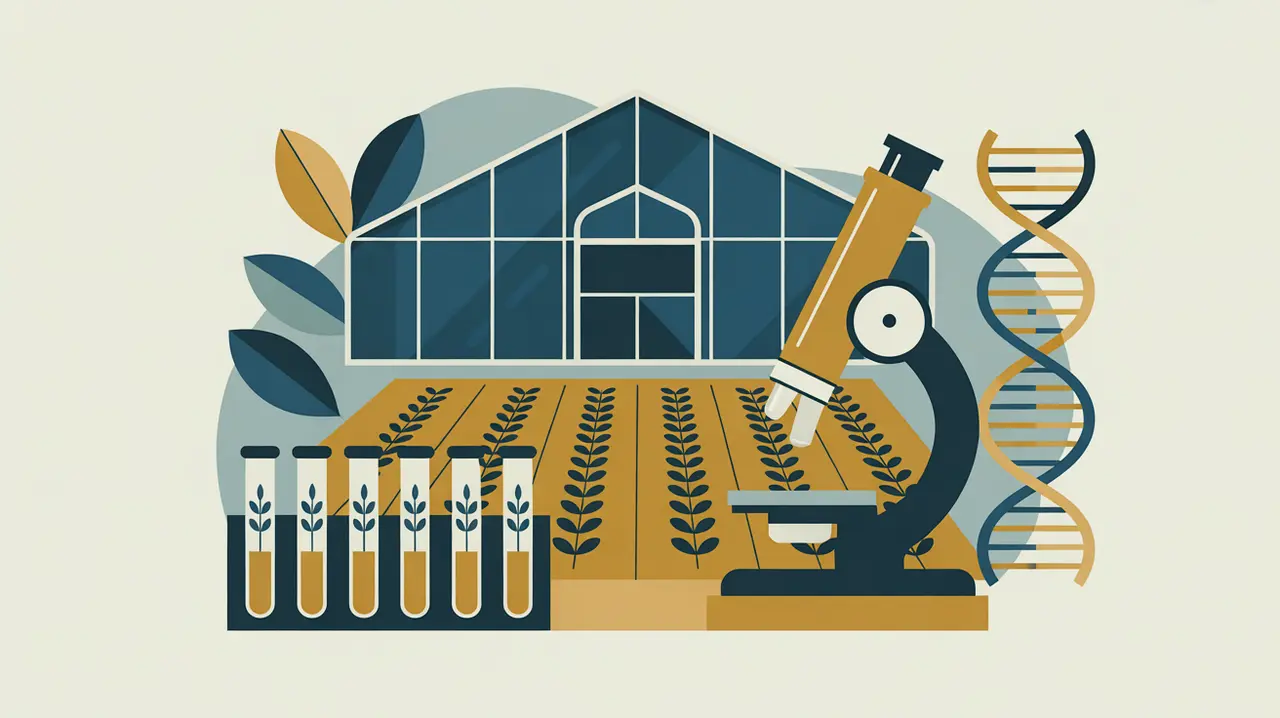 Illustration of greenhouse, microscope, DNA helix, and plant test tubes