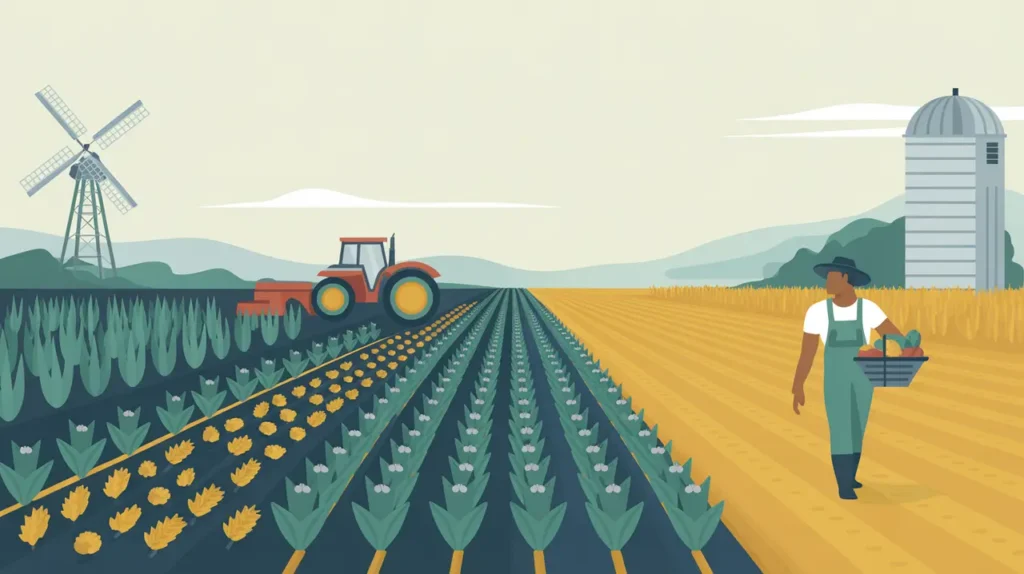 Modern farm scene with crops, tractor, farmer, irrigation channel, windmill, and silo