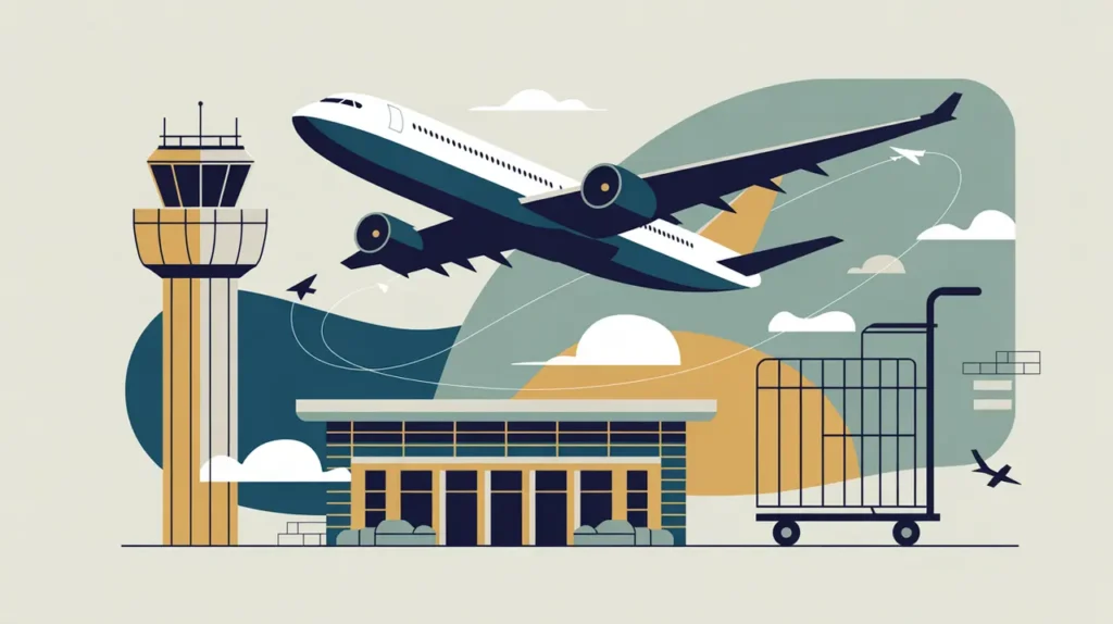 Illustration of airplane taking off with control tower and luggage trolley