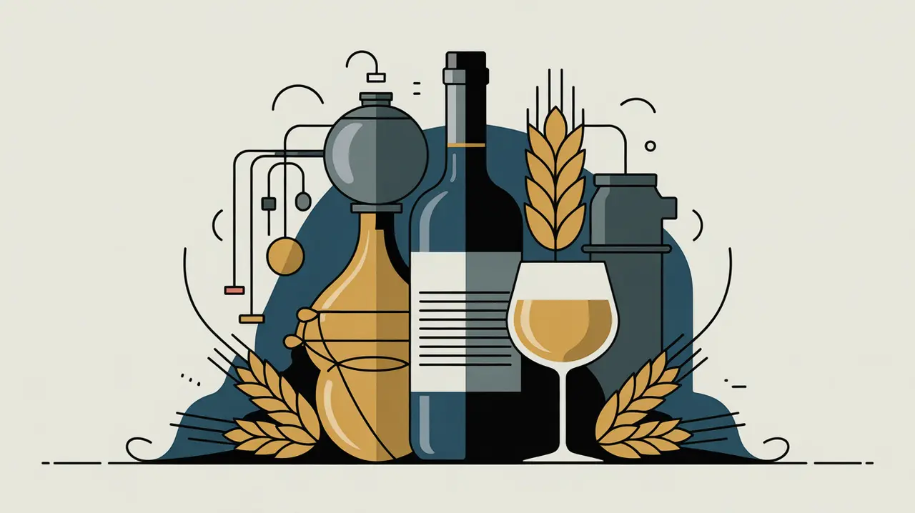 Illustration of wine bottle, glass, hops, barley, and distillation equipment
