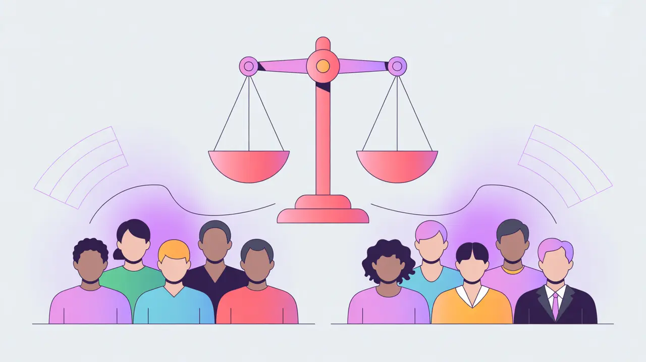 Two diverse user groups treated unequally by AI with fairness scales overlay