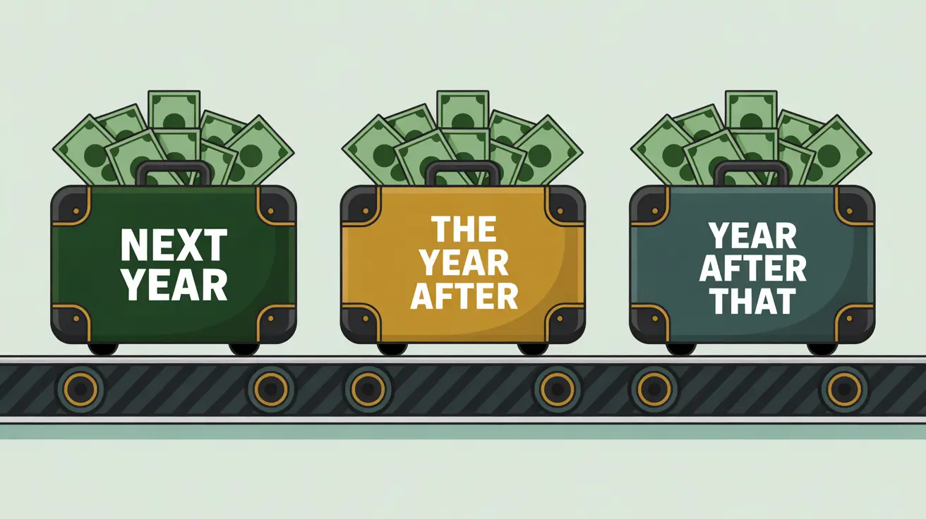 Three suitcases with cash on conveyor belt labeled for future years