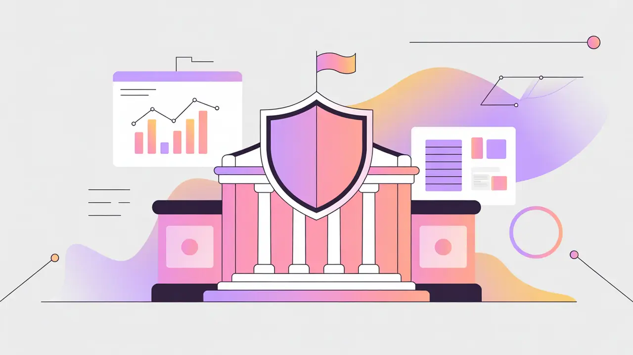 Government building with analytic charts and shield symbolizing anti corruption analytics