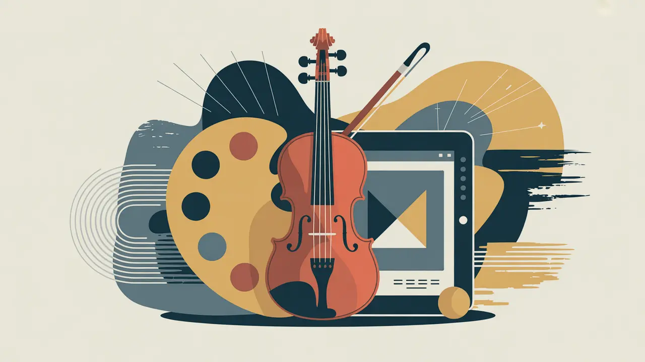 Illustration of painter’s palette, violin, and digital tablet with abstract sound waves and brush strokes