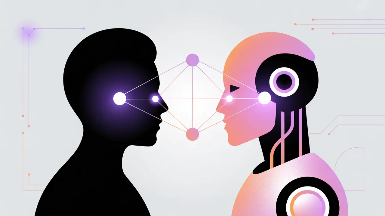Human and robot silhouettes sharing glowing network nodes symbolizing intelligence