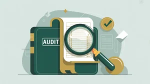 Magnifying glass inspecting ledger with compliance stamp