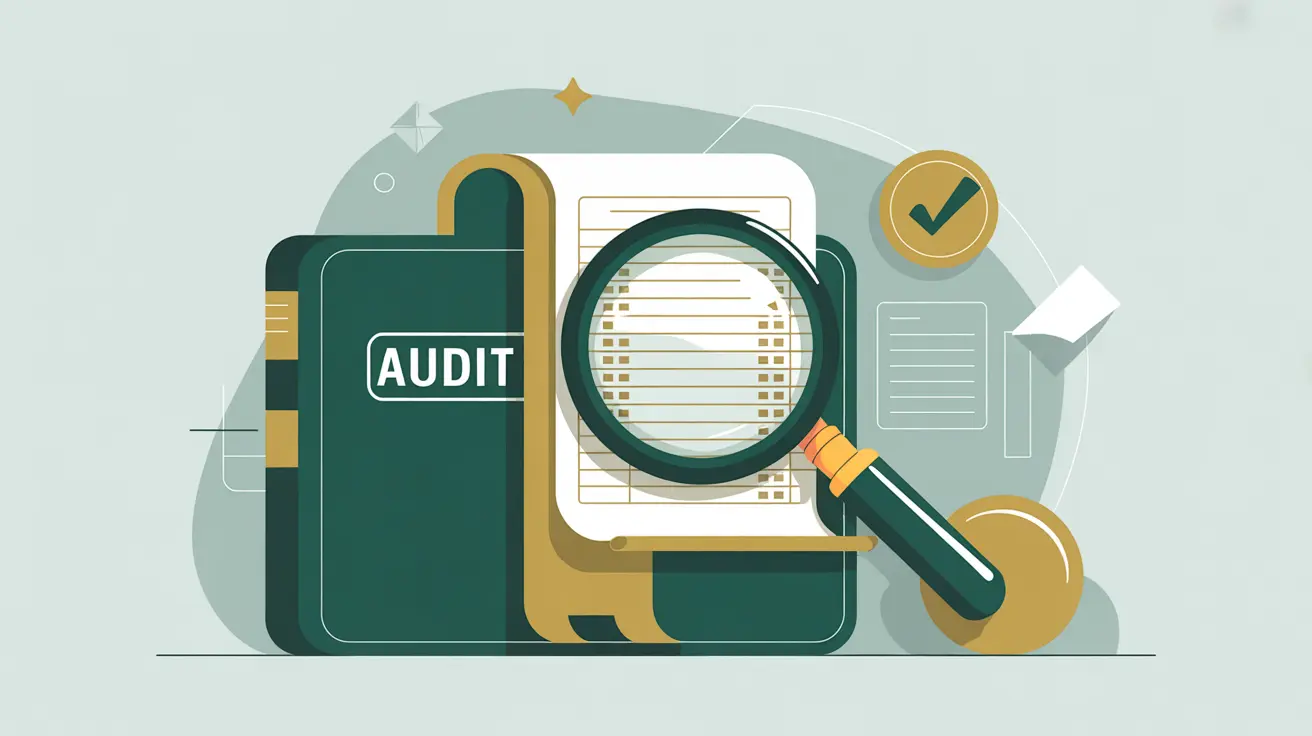 Magnifying glass inspecting ledger with compliance stamp