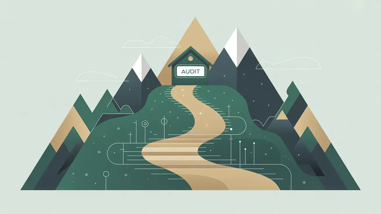 Illustration of mountain trail leading to house labeled Audit