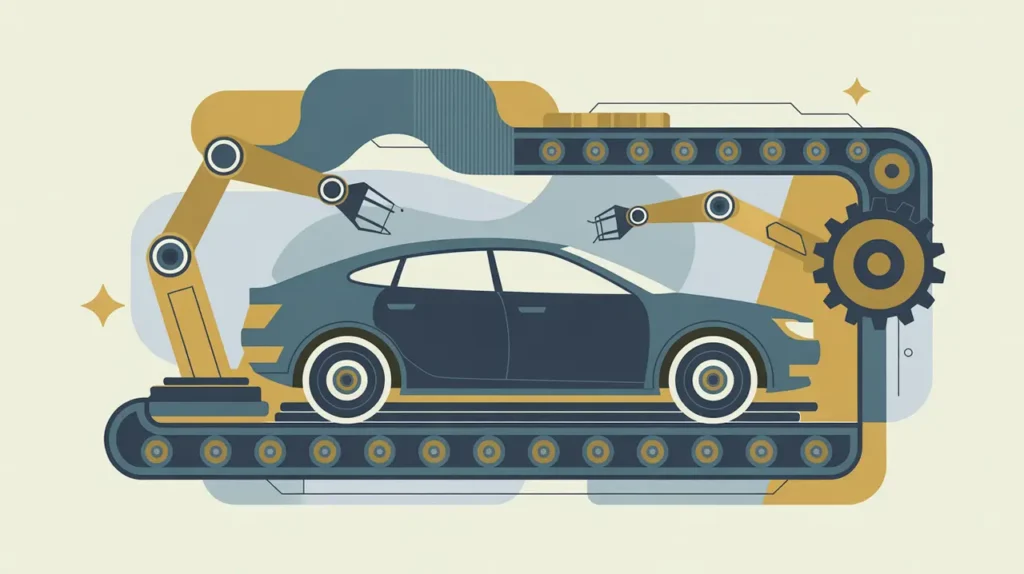 Illustration of car assembly line with robotic arms and mechanical gears