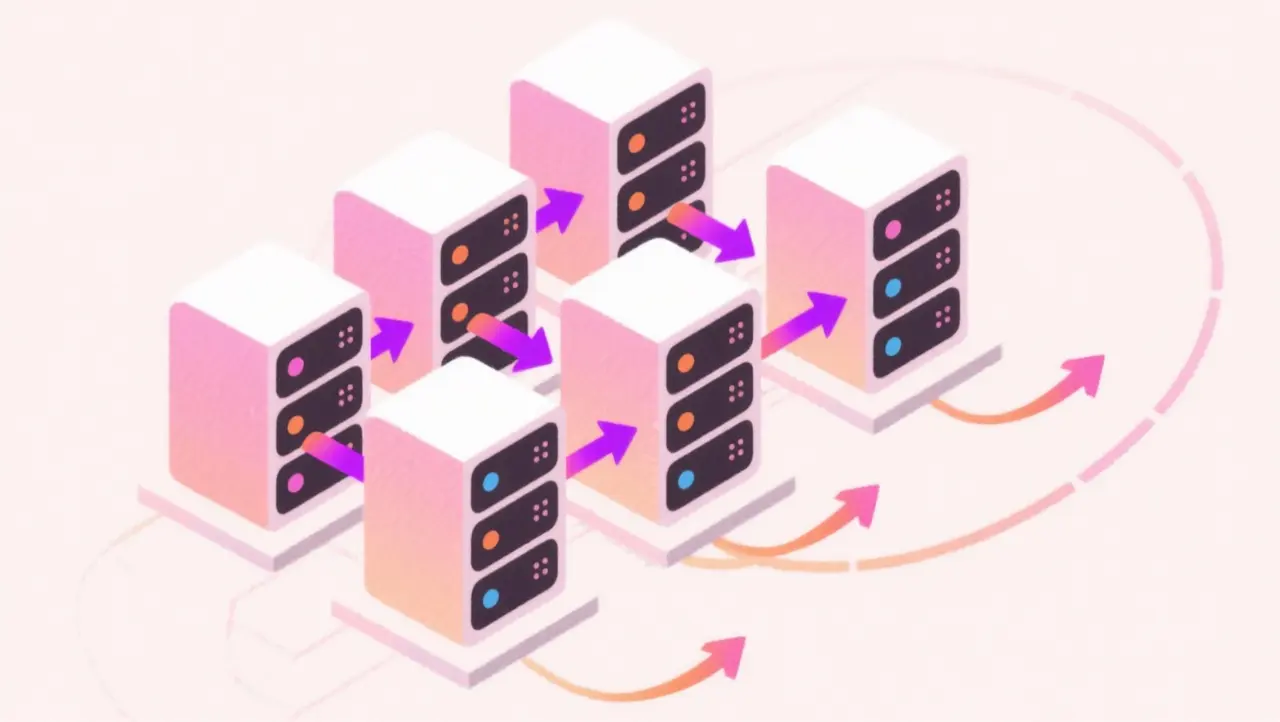 Cluster of servers with arrows showing dynamic load distribution and autoscaling