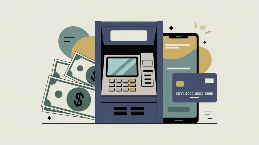 Bank building with pillars stacked coins credit card digital mobile banking screen