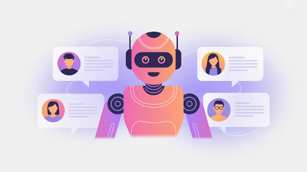 Chatbot avatar supporting beneficiary profile icons with pink and purple accents