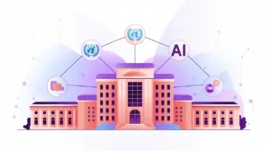 UN-style institutional buildings connected by AI governance icons