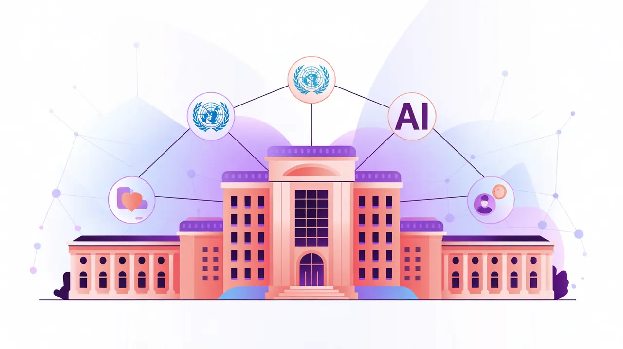 UN-style institutional buildings connected by AI governance icons