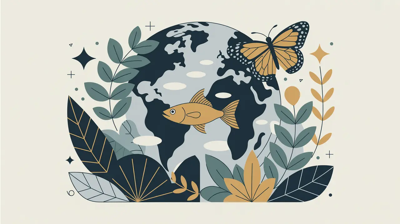 Collage of diverse plant leaves butterfly fish globe motif interconnected species