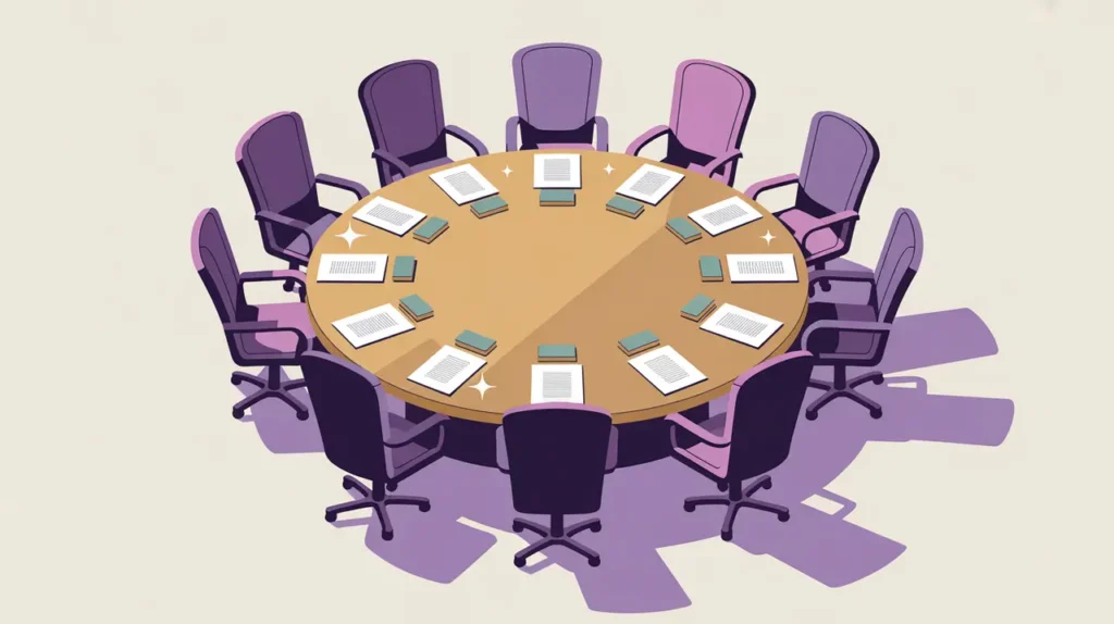 Glowing round boardroom table with documents and chairs symbolizing engagement