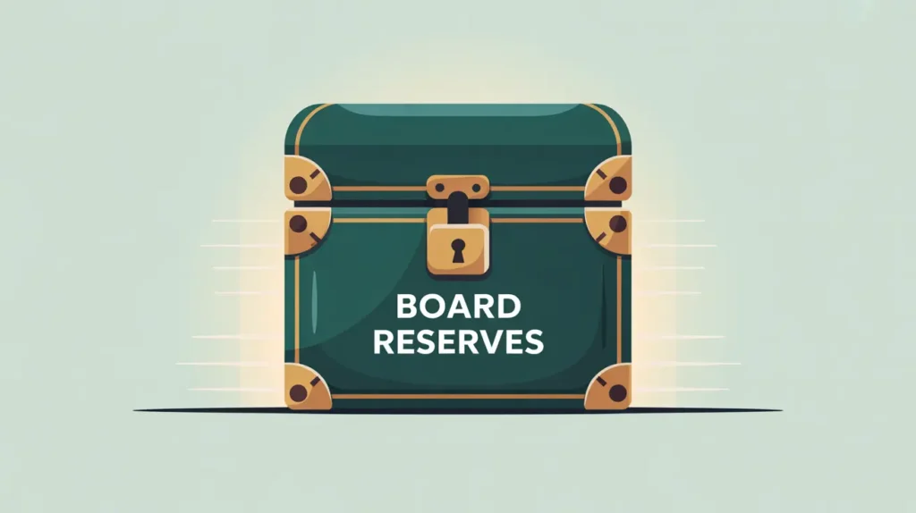 Glowing locked chest labeled Board Reserves with geometric accents