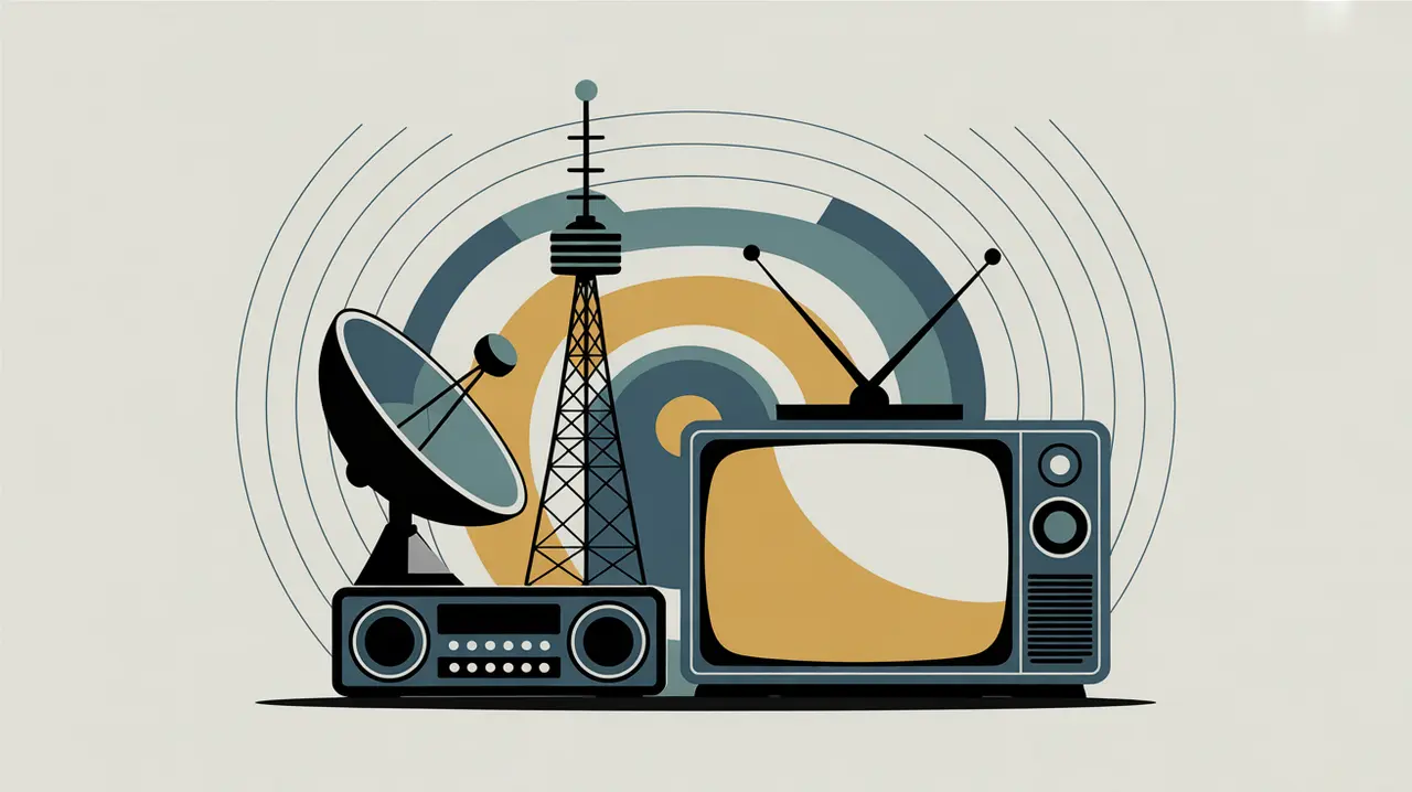 Satellite dish radio tower and glowing television screen with abstract waves