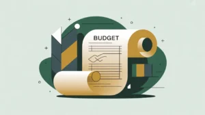 Illustration of budget document scroll with annotations in green and gold