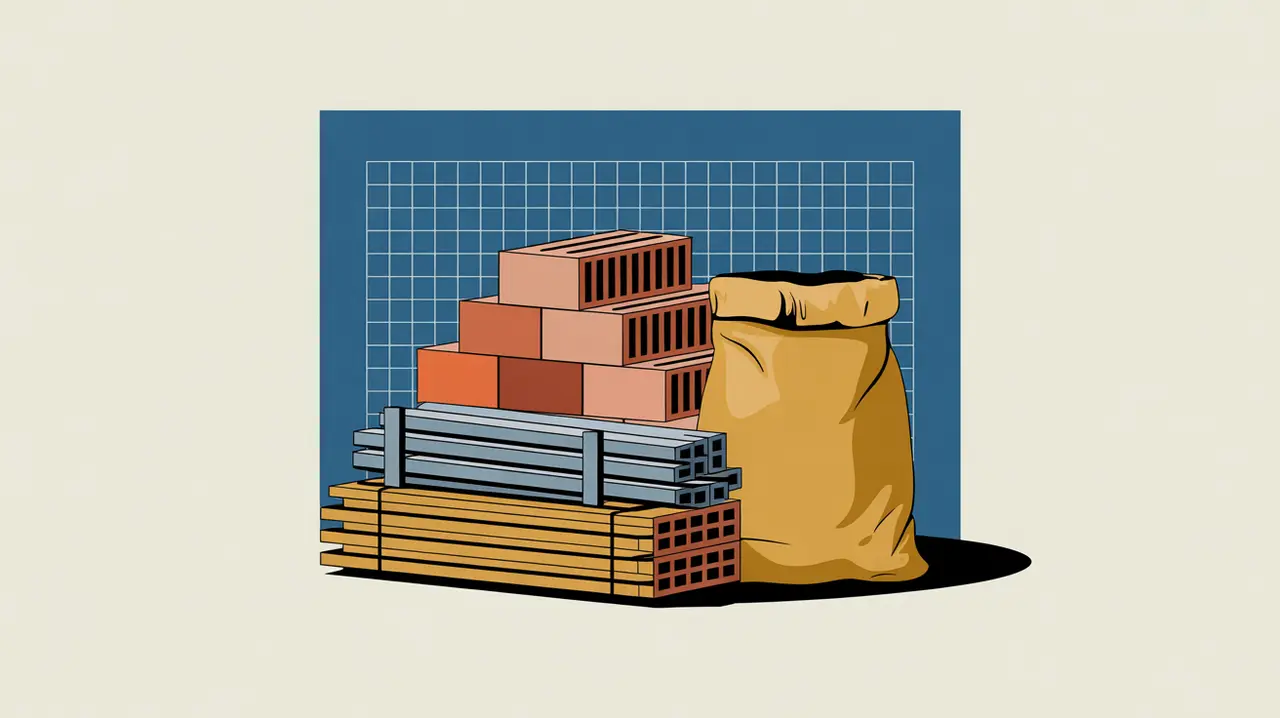 Collage of bricks wooden planks steel beams and cement bag with blueprint background