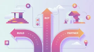 Three diverging pathways labeled build buy partner with icons wrench cart handshake