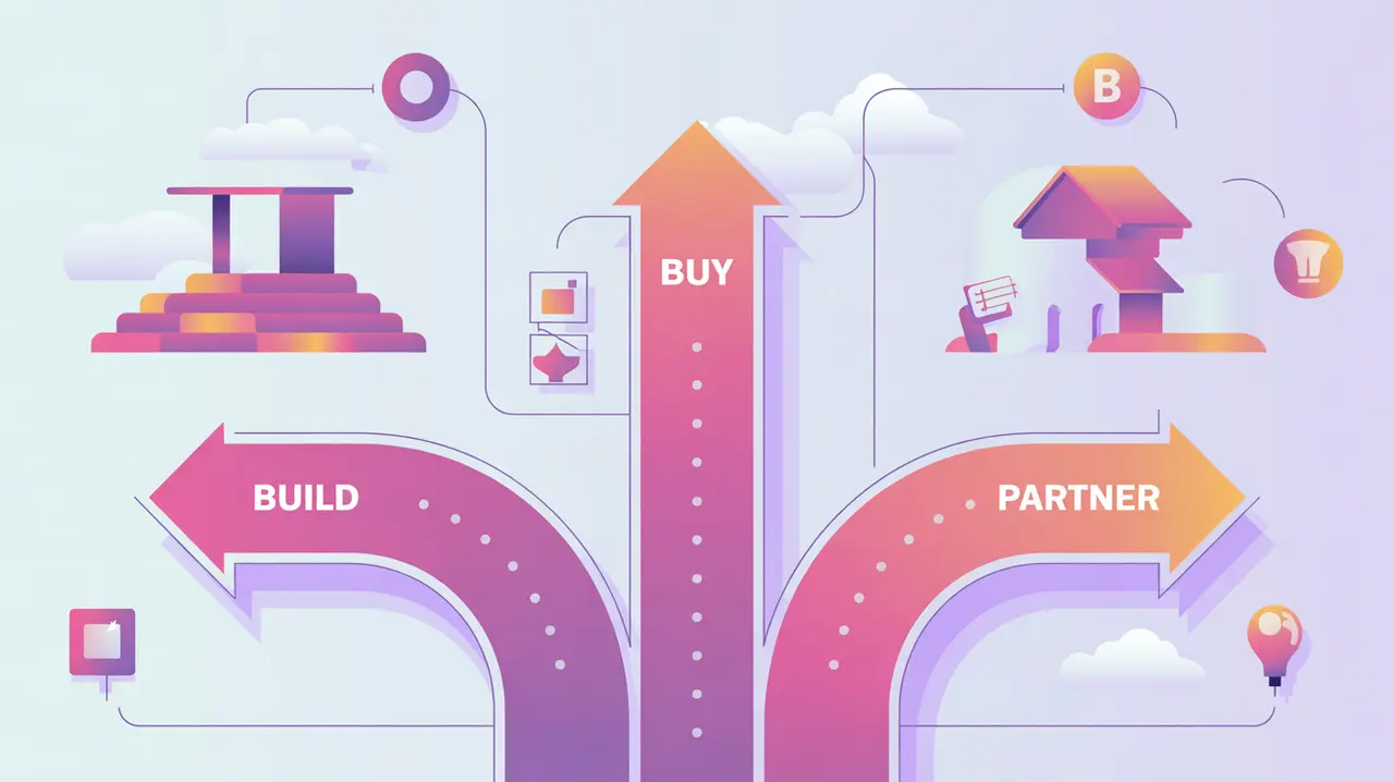 Three diverging pathways labeled build buy partner with icons wrench cart handshake