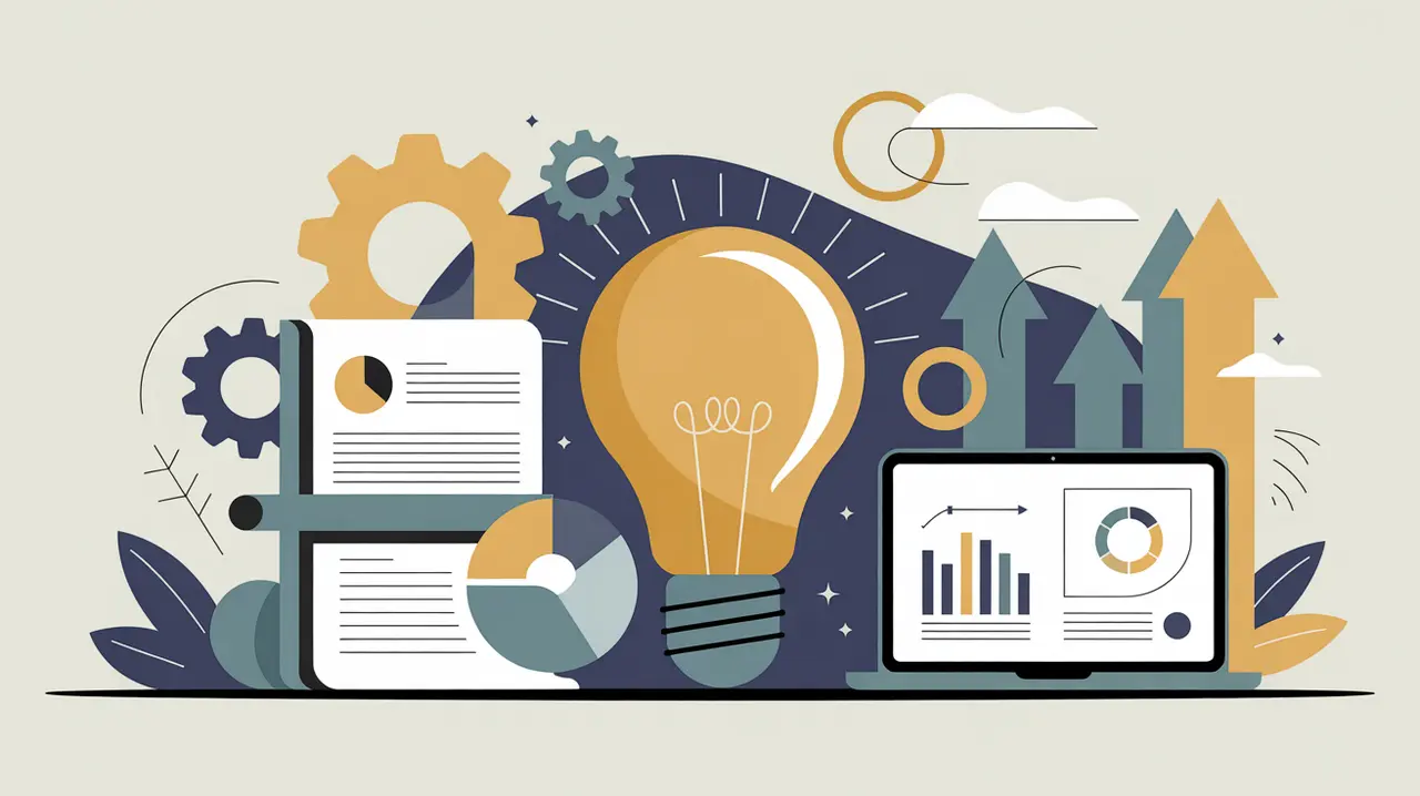 Illustration of rocket launch lightbulb laptop analytics gears upward arrows