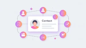 Contact profile card connected to organization icons representing CRM platforms