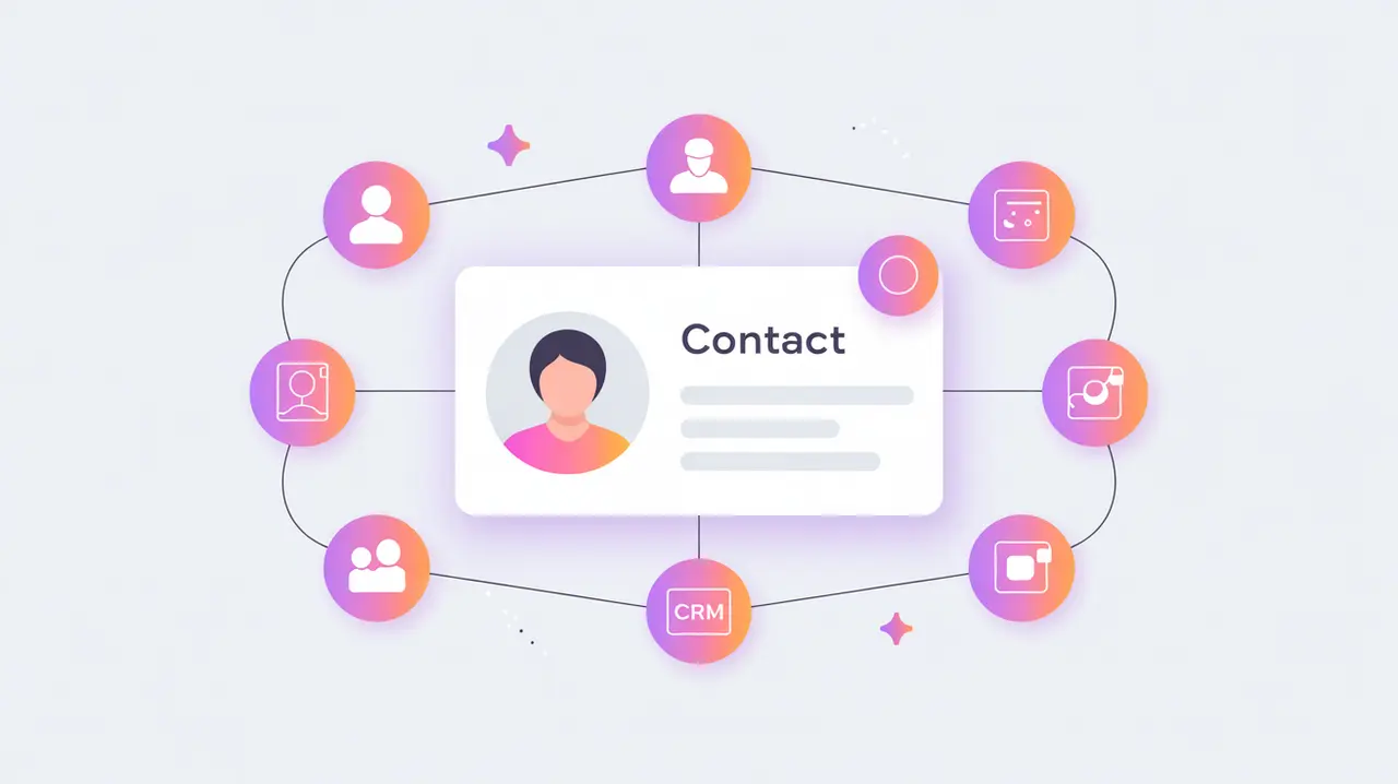 Contact profile card connected to organization icons representing CRM platforms