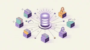 Illustration of a central database hub connected to donors, programs, volunteers, and partners with security lock icon