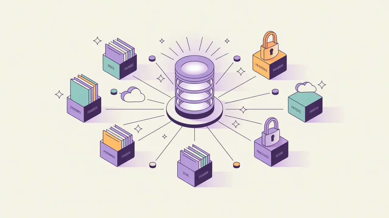 Illustration of a central database hub connected to donors, programs, volunteers, and partners with security lock icon