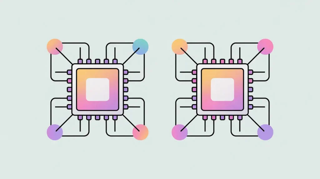 Two connected chip icons with arrows symbolizing GPU parallel processing